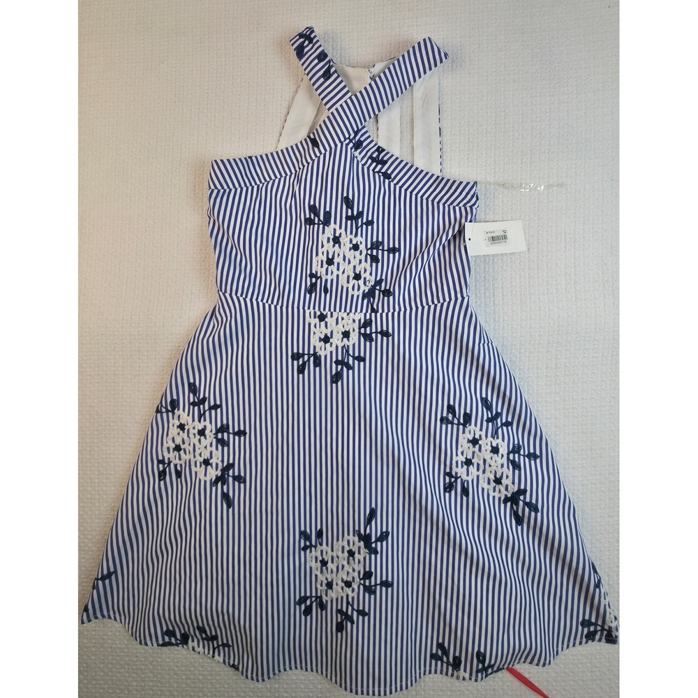 Macy's Summer Soiree Dress Womens 10 Blue Striped Embroidered Nwt
